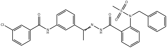 2-[benzyl(methylsulfonyl)amino]-N-[(E)-1-[3-[(3-chlorobenzoyl)amino]phenyl]ethylideneamino]benzamide Struktur