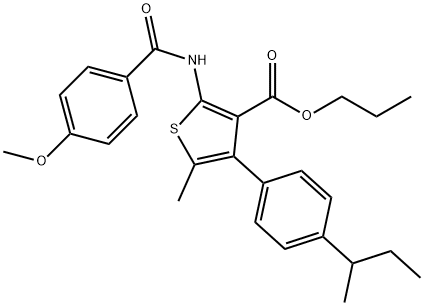 propyl 4-(4-butan-2-ylphenyl)-2-[(4-methoxybenzoyl)amino]-5-methylthiophene-3-carboxylate Struktur