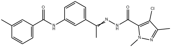 4-chloro-2,5-dimethyl-N-[(E)-1-[3-[(3-methylbenzoyl)amino]phenyl]ethylideneamino]pyrazole-3-carboxamide Struktur