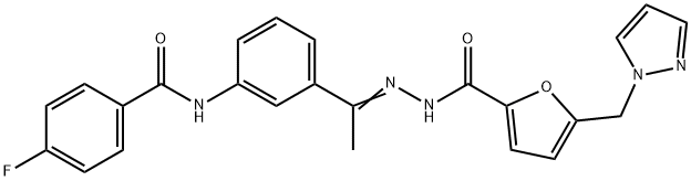 N-[(Z)-1-[3-[(4-fluorobenzoyl)amino]phenyl]ethylideneamino]-5-(pyrazol-1-ylmethyl)furan-2-carboxamide Struktur