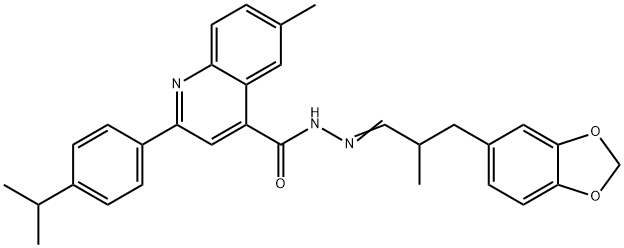 N-[(E)-[3-(1,3-benzodioxol-5-yl)-2-methylpropylidene]amino]-6-methyl-2-(4-propan-2-ylphenyl)quinoline-4-carboxamide Struktur