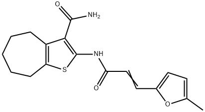 2-[[(E)-3-(5-methylfuran-2-yl)prop-2-enoyl]amino]-5,6,7,8-tetrahydro-4H-cyclohepta[b]thiophene-3-carboxamide Struktur