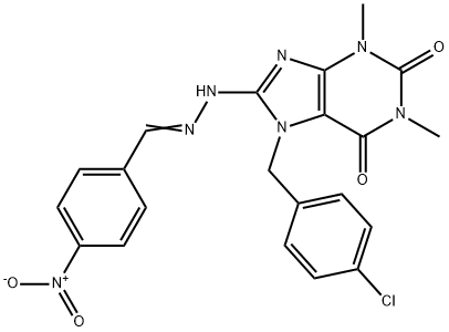 7-[(4-chlorophenyl)methyl]-1,3-dimethyl-8-[(2E)-2-[(4-nitrophenyl)methylidene]hydrazinyl]purine-2,6-dione Struktur