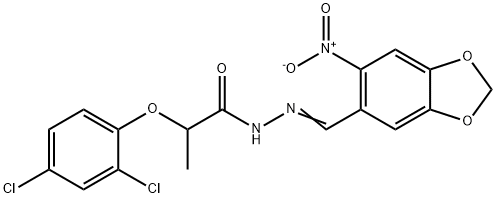 2-(2,4-dichlorophenoxy)-N-[(E)-(6-nitro-1,3-benzodioxol-5-yl)methylideneamino]propanamide Struktur