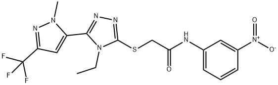 2-[[4-ethyl-5-[2-methyl-5-(trifluoromethyl)pyrazol-3-yl]-1,2,4-triazol-3-yl]sulfanyl]-N-(3-nitrophenyl)acetamide Struktur