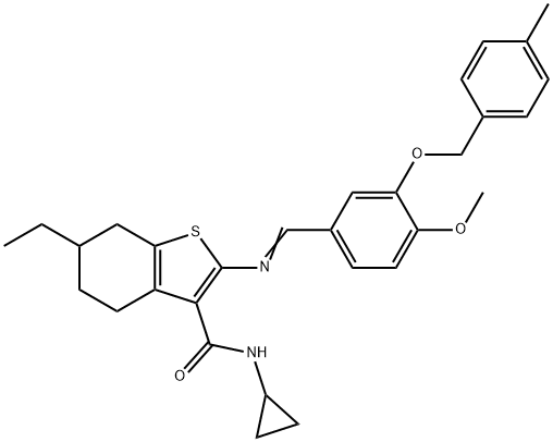 N-cyclopropyl-6-ethyl-2-[(E)-[4-methoxy-3-[(4-methylphenyl)methoxy]phenyl]methylideneamino]-4,5,6,7-tetrahydro-1-benzothiophene-3-carboxamide Struktur