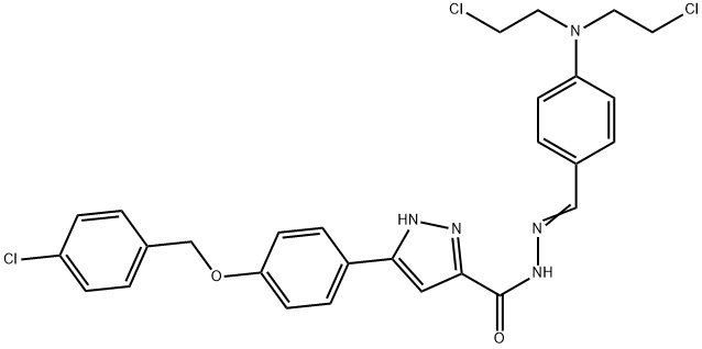 N-[(E)-[4-[bis(2-chloroethyl)amino]phenyl]methylideneamino]-3-[4-[(4-chlorophenyl)methoxy]phenyl]-1H-pyrazole-5-carboxamide Struktur