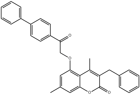 3-benzyl-4,7-dimethyl-5-[2-oxo-2-(4-phenylphenyl)ethoxy]chromen-2-one Struktur