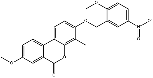 8-methoxy-3-[(2-methoxy-5-nitrophenyl)methoxy]-4-methylbenzo[c]chromen-6-one Struktur