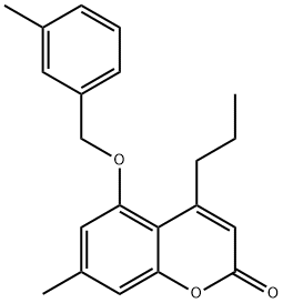 7-methyl-5-[(3-methylphenyl)methoxy]-4-propylchromen-2-one Struktur