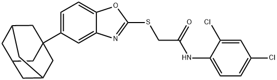 2-[[5-(1-adamantyl)-1,3-benzoxazol-2-yl]sulfanyl]-N-(2,4-dichlorophenyl)acetamide Struktur