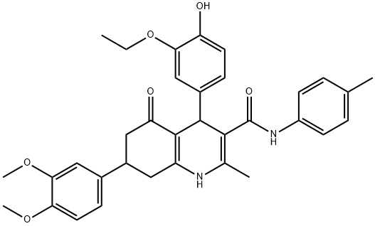 7-(3,4-dimethoxyphenyl)-4-(3-ethoxy-4-hydroxyphenyl)-2-methyl-N-(4-methylphenyl)-5-oxo-4,6,7,8-tetrahydro-1H-quinoline-3-carboxamide Struktur