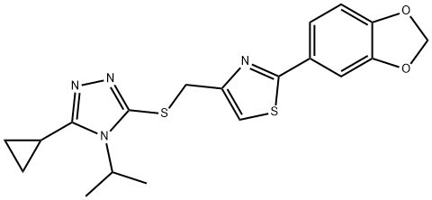 2-(1,3-benzodioxol-5-yl)-4-[(5-cyclopropyl-4-propan-2-yl-1,2,4-triazol-3-yl)sulfanylmethyl]-1,3-thiazole Struktur