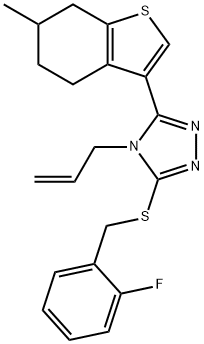 3-[(2-fluorophenyl)methylsulfanyl]-5-(6-methyl-4,5,6,7-tetrahydro-1-benzothiophen-3-yl)-4-prop-2-enyl-1,2,4-triazole Struktur