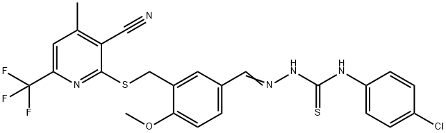 1-(4-chlorophenyl)-3-[(E)-[3-[[3-cyano-4-methyl-6-(trifluoromethyl)pyridin-2-yl]sulfanylmethyl]-4-methoxyphenyl]methylideneamino]thiourea Struktur