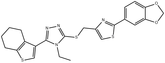 2-(1,3-benzodioxol-5-yl)-4-[[4-ethyl-5-(4,5,6,7-tetrahydro-1-benzothiophen-3-yl)-1,2,4-triazol-3-yl]sulfanylmethyl]-1,3-thiazole Struktur