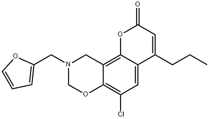 6-chloro-9-(furan-2-ylmethyl)-4-propyl-8,10-dihydropyrano[2,3-f][1,3]benzoxazin-2-one Struktur