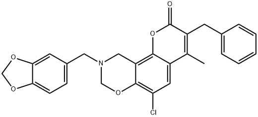 9-(1,3-benzodioxol-5-ylmethyl)-3-benzyl-6-chloro-4-methyl-8,10-dihydropyrano[2,3-f][1,3]benzoxazin-2-one Struktur