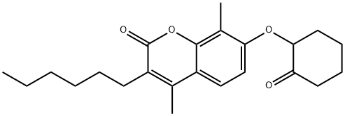 3-hexyl-4,8-dimethyl-7-(2-oxocyclohexyl)oxychromen-2-one Struktur