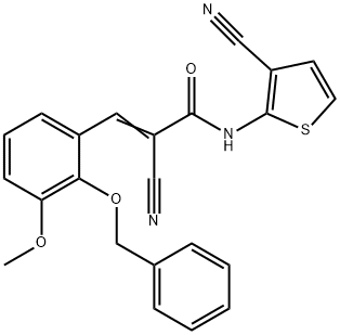 (Z)-2-cyano-N-(3-cyanothiophen-2-yl)-3-(3-methoxy-2-phenylmethoxyphenyl)prop-2-enamide Struktur