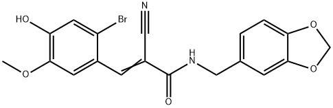 (E)-N-(1,3-benzodioxol-5-ylmethyl)-3-(2-bromo-4-hydroxy-5-methoxyphenyl)-2-cyanoprop-2-enamide Struktur