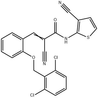 (E)-2-cyano-N-(3-cyanothiophen-2-yl)-3-[2-[(2,6-dichlorophenyl)methoxy]phenyl]prop-2-enamide Struktur