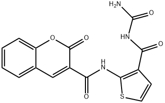 N-[3-(carbamoylcarbamoyl)thiophen-2-yl]-2-oxochromene-3-carboxamide Struktur