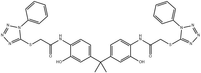 N-[2-hydroxy-4-[2-[3-hydroxy-4-[[2-(1-phenyltetrazol-5-yl)sulfanylacetyl]amino]phenyl]propan-2-yl]phenyl]-2-(1-phenyltetrazol-5-yl)sulfanylacetamide Struktur