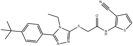 2-[[5-(4-tert-butylphenyl)-4-ethyl-1,2,4-triazol-3-yl]sulfanyl]-N-(3-cyanothiophen-2-yl)acetamide Struktur