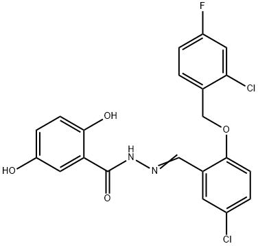 N-[(E)-[5-chloro-2-[(2-chloro-4-fluorophenyl)methoxy]phenyl]methylideneamino]-2,5-dihydroxybenzamide Struktur