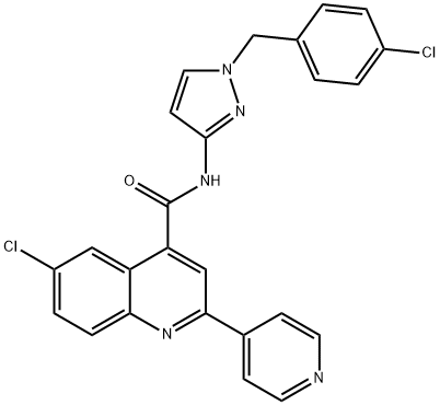 6-chloro-N-[1-[(4-chlorophenyl)methyl]pyrazol-3-yl]-2-pyridin-4-ylquinoline-4-carboxamide Struktur