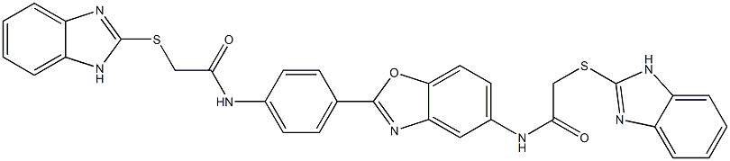 2-(1H-benzimidazol-2-ylsulfanyl)-N-[4-[5-[[2-(1H-benzimidazol-2-ylsulfanyl)acetyl]amino]-1,3-benzoxazol-2-yl]phenyl]acetamide Struktur