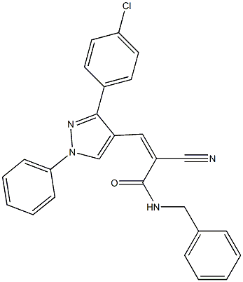 (Z)-N-benzyl-3-[3-(4-chlorophenyl)-1-phenylpyrazol-4-yl]-2-cyanoprop-2-enamide Struktur