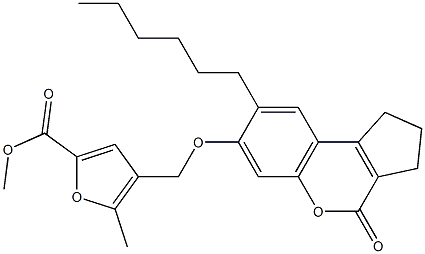 methyl 4-[(8-hexyl-4-oxo-2,3-dihydro-1H-cyclopenta[c]chromen-7-yl)oxymethyl]-5-methylfuran-2-carboxylate Struktur