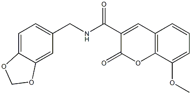 N-(1,3-benzodioxol-5-ylmethyl)-8-methoxy-2-oxochromene-3-carboxamide Struktur