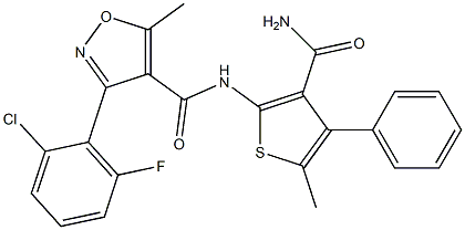 N-(3-carbamoyl-5-methyl-4-phenylthiophen-2-yl)-3-(2-chloro-6-fluorophenyl)-5-methyl-1,2-oxazole-4-carboxamide Struktur