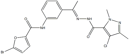 N-[(E)-1-[3-[(5-bromofuran-2-carbonyl)amino]phenyl]ethylideneamino]-4-chloro-2,5-dimethylpyrazole-3-carboxamide Struktur