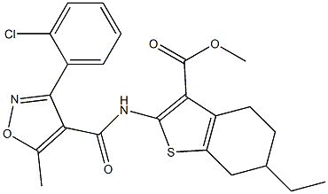 methyl 2-[[3-(2-chlorophenyl)-5-methyl-1,2-oxazole-4-carbonyl]amino]-6-ethyl-4,5,6,7-tetrahydro-1-benzothiophene-3-carboxylate Struktur