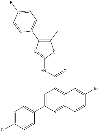 6-bromo-2-(4-chlorophenyl)-N-[4-(4-fluorophenyl)-5-methyl-1,3-thiazol-2-yl]quinoline-4-carboxamide Struktur