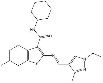 N-cyclohexyl-2-[(E)-(1-ethyl-3-methylpyrazol-4-yl)methylideneamino]-6-methyl-4,5,6,7-tetrahydro-1-benzothiophene-3-carboxamide Struktur