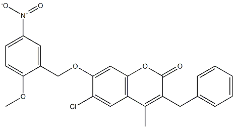 3-benzyl-6-chloro-7-[(2-methoxy-5-nitrophenyl)methoxy]-4-methylchromen-2-one Struktur