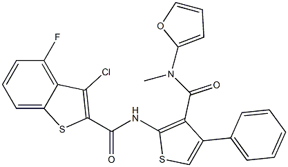 3-chloro-4-fluoro-N-[3-(furan-2-ylmethylcarbamoyl)-4-phenylthiophen-2-yl]-1-benzothiophene-2-carboxamide Struktur