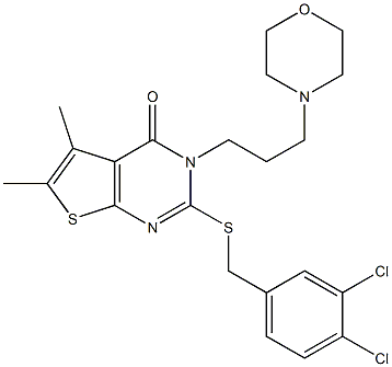 2-[(3,4-dichlorophenyl)methylsulfanyl]-5,6-dimethyl-3-(3-morpholin-4-ylpropyl)thieno[2,3-d]pyrimidin-4-one Struktur