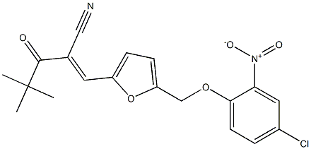 (2E)-2-[[5-[(4-chloro-2-nitrophenoxy)methyl]furan-2-yl]methylidene]-4,4-dimethyl-3-oxopentanenitrile Struktur