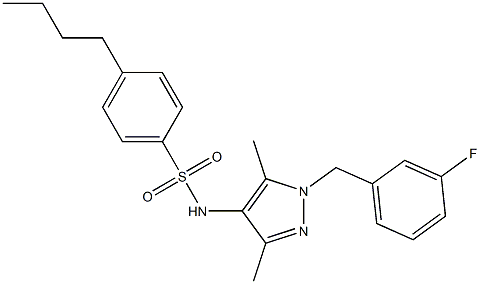 4-butyl-N-[1-[(3-fluorophenyl)methyl]-3,5-dimethylpyrazol-4-yl]benzenesulfonamide Struktur