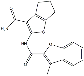 N-(3-carbamoyl-5,6-dihydro-4H-cyclopenta[b]thiophen-2-yl)-3-methyl-1-benzofuran-2-carboxamide Struktur