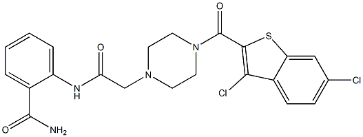 2-[[2-[4-(3,6-dichloro-1-benzothiophene-2-carbonyl)piperazin-1-yl]acetyl]amino]benzamide Struktur