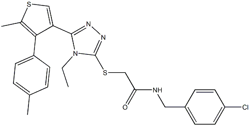 N-[(4-chlorophenyl)methyl]-2-[[4-ethyl-5-[5-methyl-4-(4-methylphenyl)thiophen-3-yl]-1,2,4-triazol-3-yl]sulfanyl]acetamide Struktur