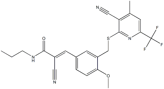 (E)-2-cyano-3-[3-[[3-cyano-4-methyl-6-(trifluoromethyl)pyridin-2-yl]sulfanylmethyl]-4-methoxyphenyl]-N-propylprop-2-enamide Struktur