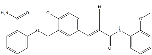 2-[[5-[(E)-2-cyano-3-(2-methoxyanilino)-3-oxoprop-1-enyl]-2-methoxyphenyl]methoxy]benzamide Struktur